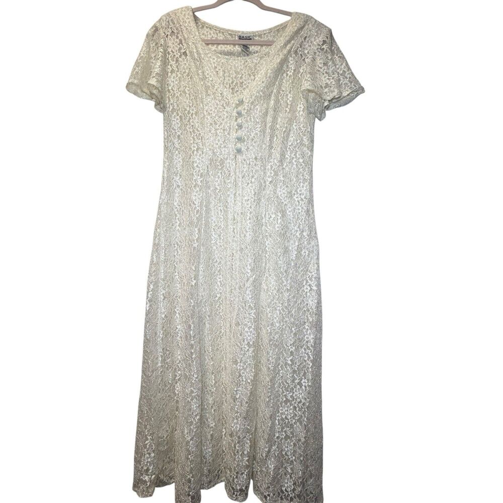 Basic Editions Ivory Floral Lace Maxi Dress Juniors 11/12 V-Neck Button Front